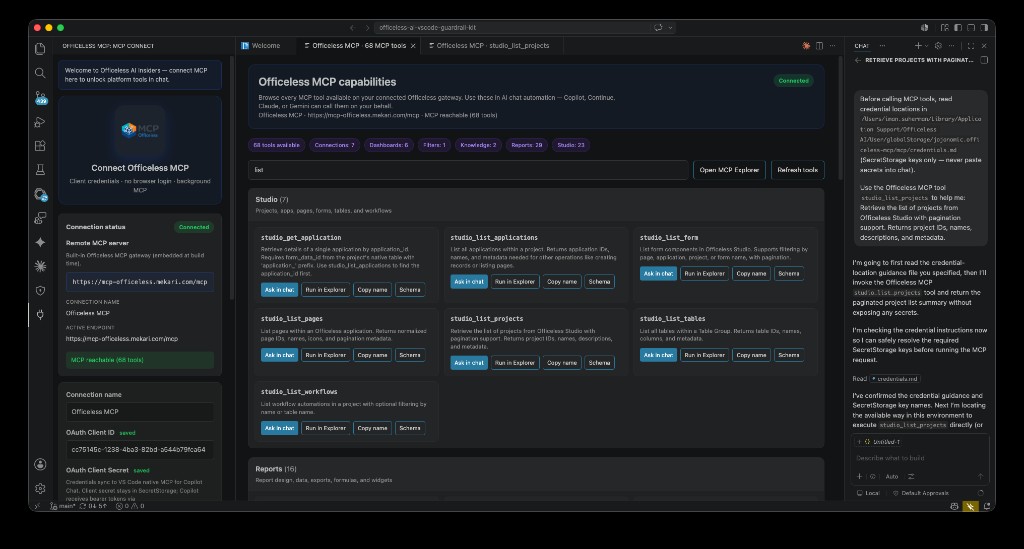 Officeless MCP Connect panel, tools catalog with Studio tools, and Copilot Chat invoking studio_list_projects