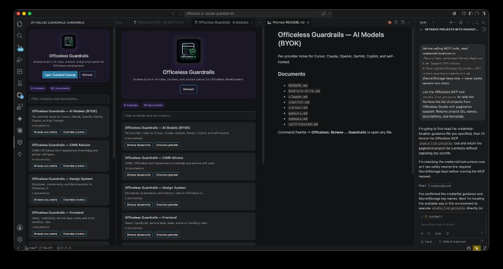 Officeless Guardrails catalog, document preview, and chat using MCP to list projects