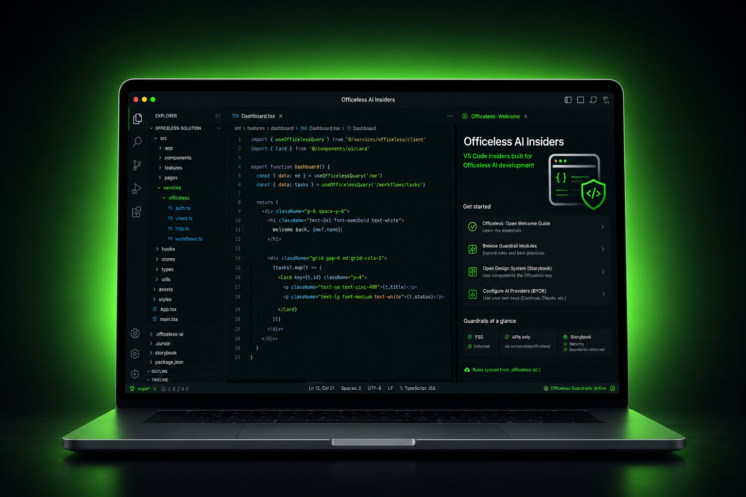 Officeless AI Insiders — VS Code editor with Officeless guardrails for AI-assisted development